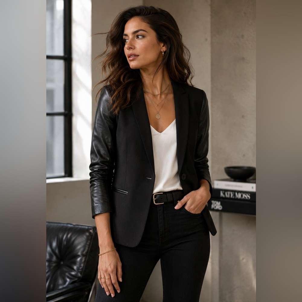 Madewell Black Mixed Media Blazer w/ Leather Sleeves - Size Small